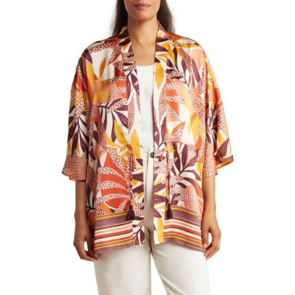 NWT DR2 Daniel Rainn Tropical Satin Ruana Wide 3/4 Sleeves Beaded Drawstring S/M - Picture 1 of 16
